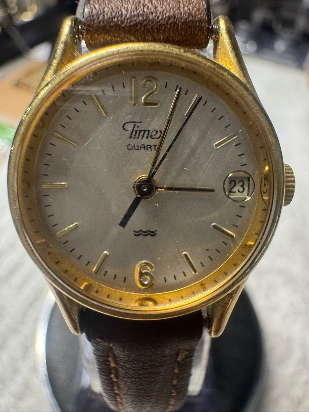 Timex Gold Tone Case Watch with Brown Leather Strap